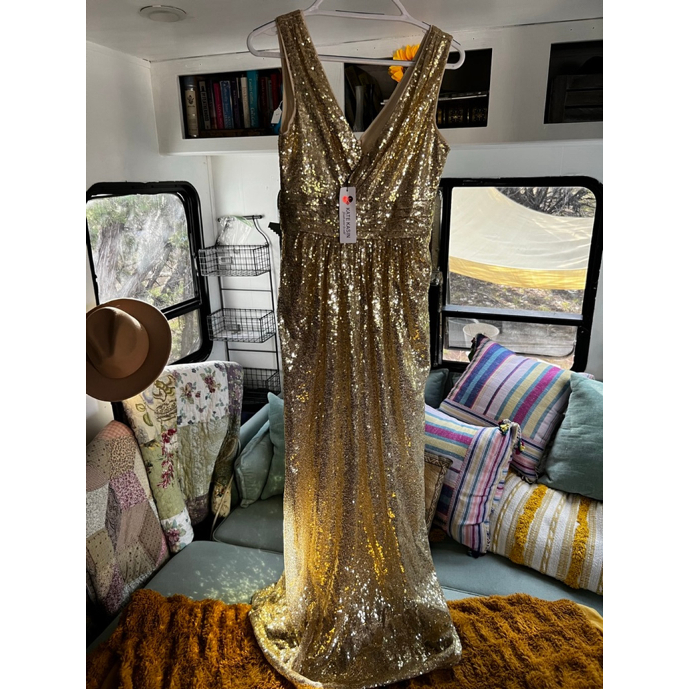 Women's KATE KASIN Gold Sequin V-Neck Maxi Dress Size 4